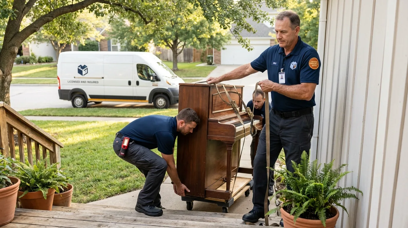 Licensed piano movers securing grand piano in Laguna Hills, CA