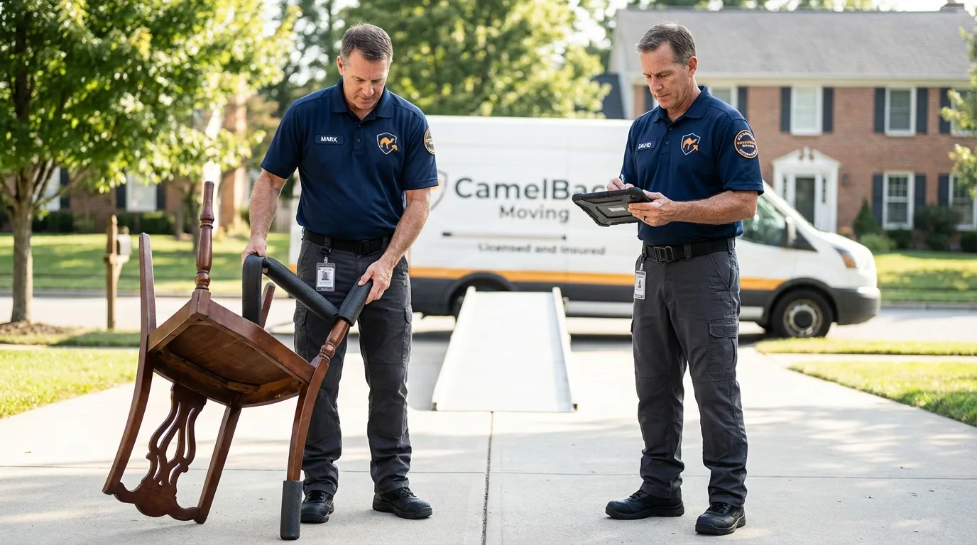 Movers inspecting furniture for damage prevention before loading in Laguna Hills, CA