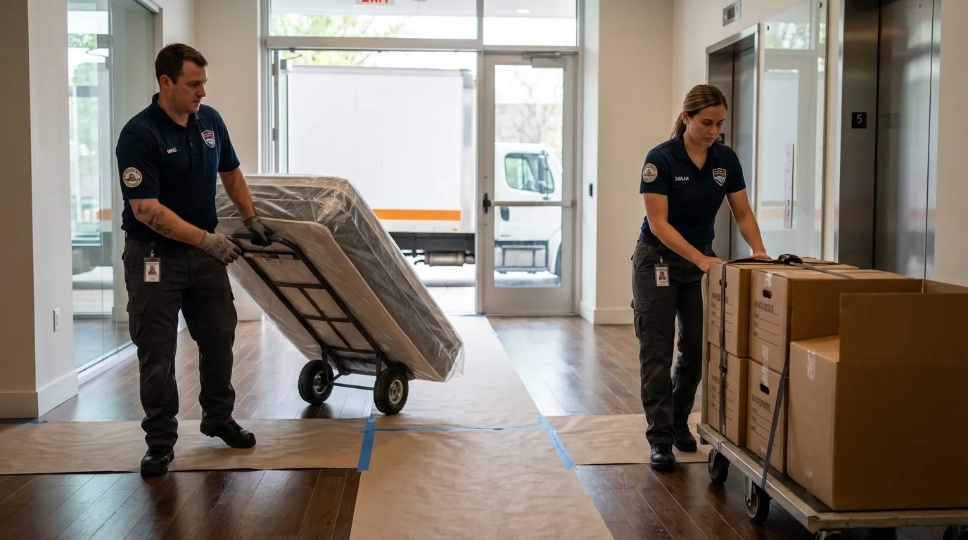Professional apartment movers loading elevator in Laguna Hills, CA
