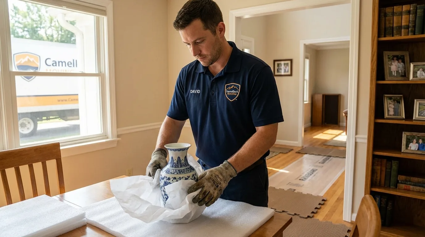 Professional crew carefully wrapping antique vase for senior downsizing move in Laguna Hills, CA